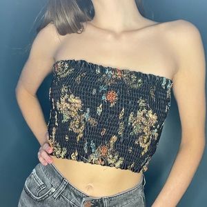 Black Satin Dragon Brocade Smocked Tube Top